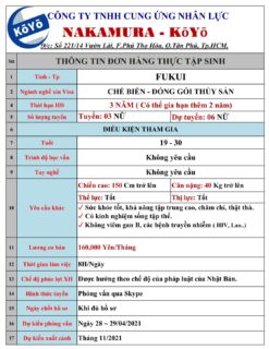 ĐƠN HÀNG CHẾ BIẾN – ĐÓNG GÓI THỦY SẢN – NỮ FUKUI