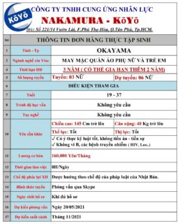 ĐƠN HÀNG MAY MẶC – NỮ – OKAYAMA