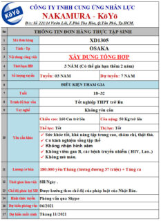 ĐƠN HÀNG XÂY DỰNG TỔNG HỢP – NAM – OSAKA