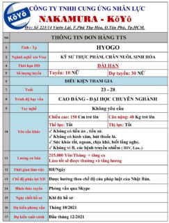 ĐƠN HÀNG KỸ SƯ THỰC PHẨM, CHĂN NUÔI, SINH HÓA – NỮ – HYOGO