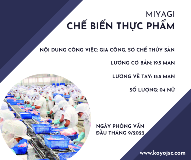 Tuyển 04 Nữ Chế Biến Thực Phẩm, 18-30 tuổi, Miyagi