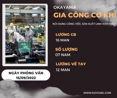 Tuyển 07 Nam Sản Xuất Linh Kiện Máy, 18-32 tuổi, Okayama