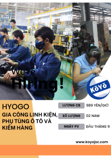 Tuyển 02 NAM, 18-28 tuổi, ngành Cơ Khí, tỉnh Hyogo