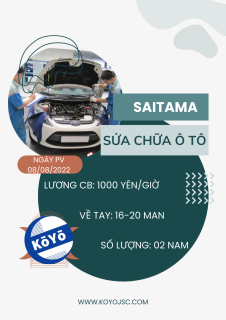 Tuyển 02 nam Sửa chữa ô tô, 19-30 tuổi, làm việc tại Saitama