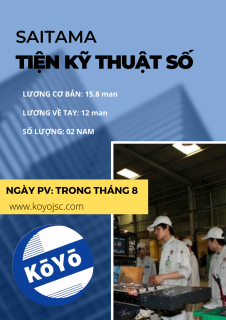 Tuyển 02 nam đơn hàng TIỆN, 18-26 tuổi, làm việc tại tỉnh SAITAMA