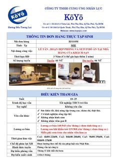 TUYỂN 03 NỮ, 18-25 TUỔI, LỄ TÂN NHÀ HÀNG KHÁCH SẠN TẠI TỈNH MIE